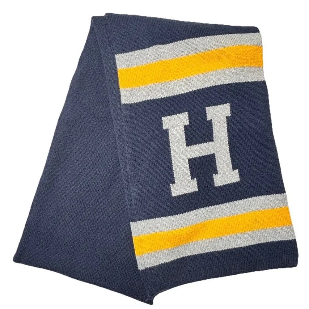Tommy Hilfiger Varsity H Knit Scarf Navy Yellow Gray Cotton Winter Scarf 72